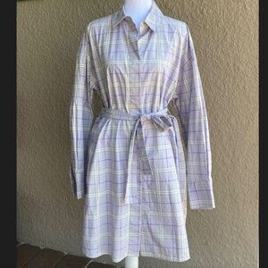 H&M/Divided Lavender Checked Cotton Tie-Belt Shirt Dress Sz M
